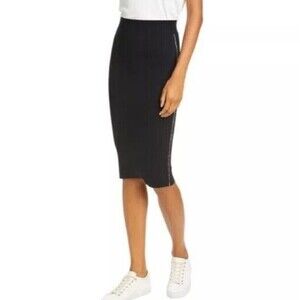 ATM Cotton Cashmere Blend Elastic Waist Pencil Skirt Black White‎ Raw Stripe S
